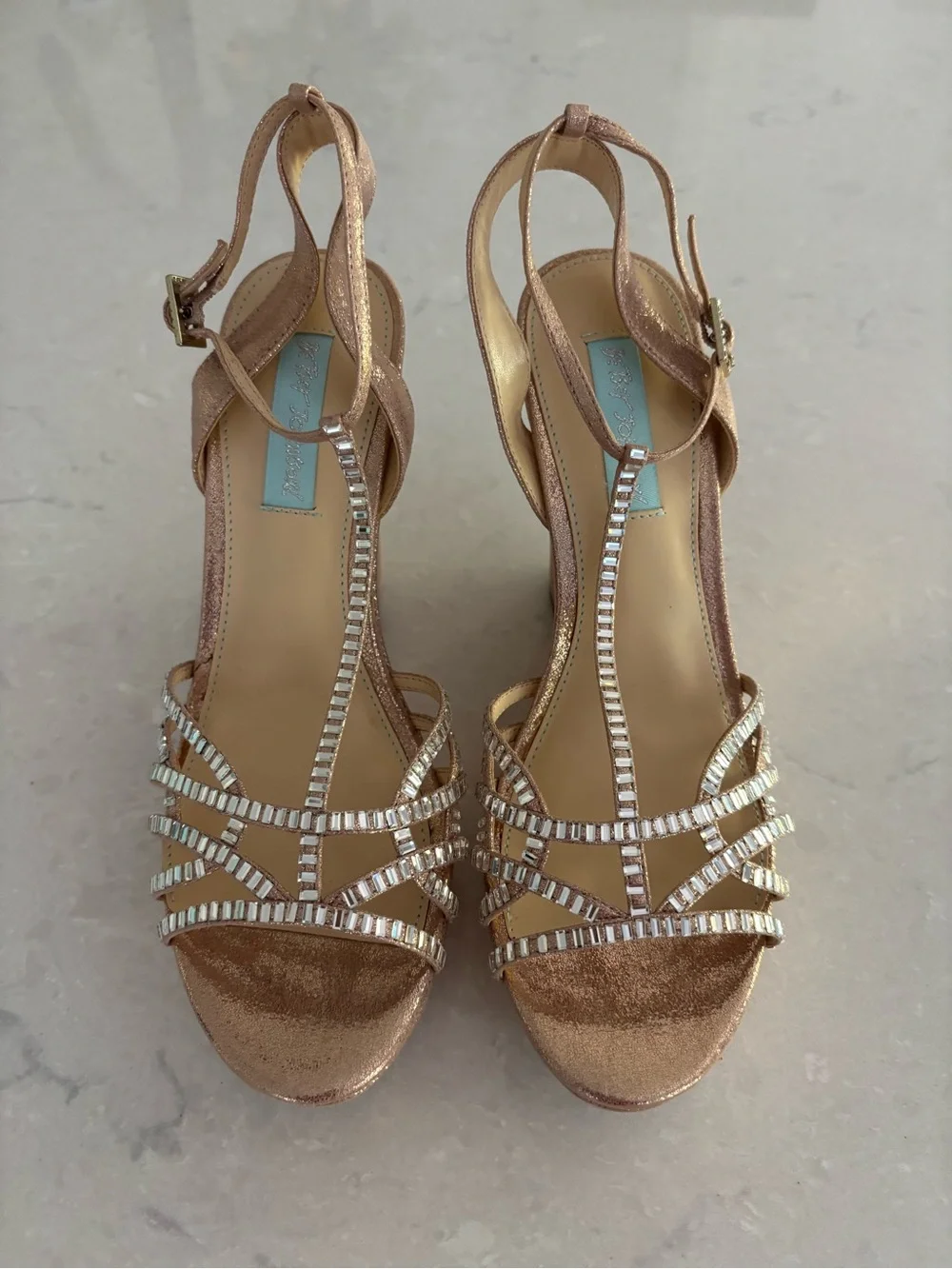 Betsey Johnson SB-Ember Champagne Rhinestone Wedge Sandals Size 9